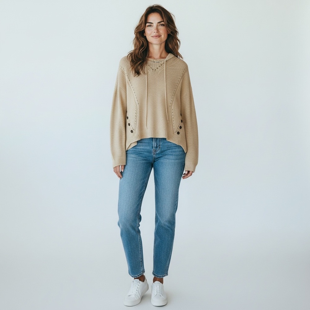 Hyfve Women’s Off White‎ Chunky Sweater Small Big Sleeves & Button Accents Knit